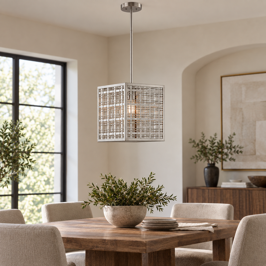 Satin Nickel Square Pendant Light with Woven Metal Detail