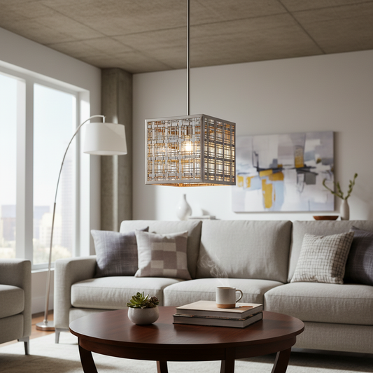 Pendleton Plaid Satin Nickel Square Pendant Light
