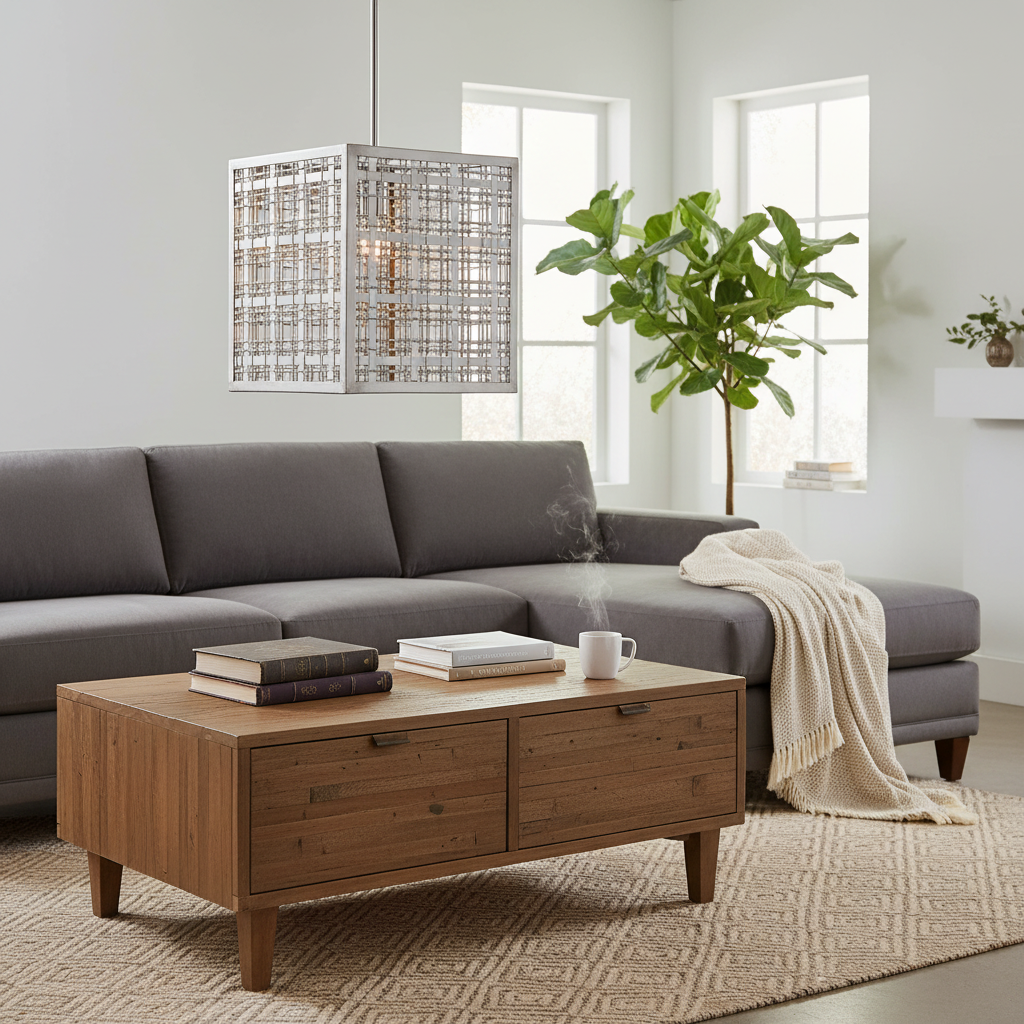 Pendleton Plaid Satin Nickel Square Pendant Light
