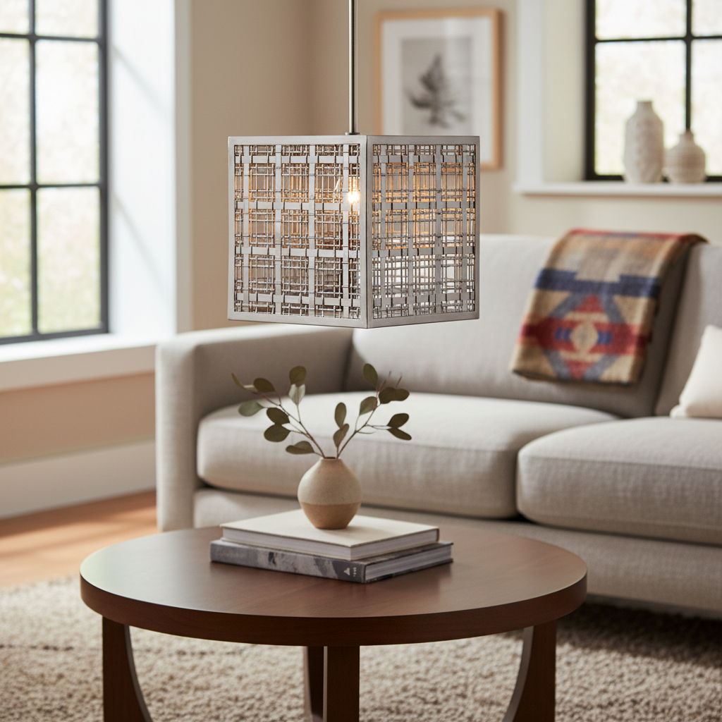 Pendleton Plaid Satin Nickel Square Pendant Light