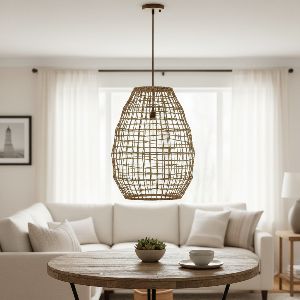 Cross Weave Seagrass Pendant with Bronze Accents