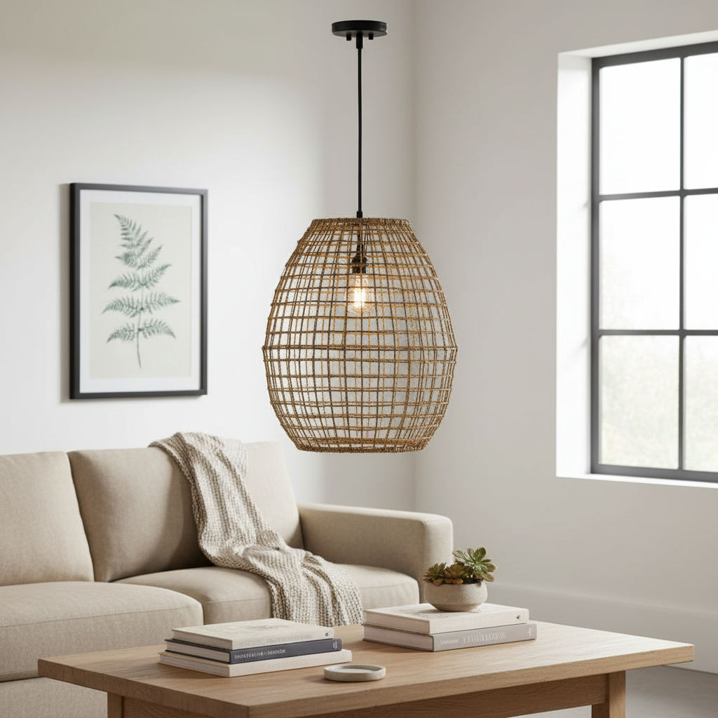 Cross Weave Seagrass Pendant with Bronze Accents